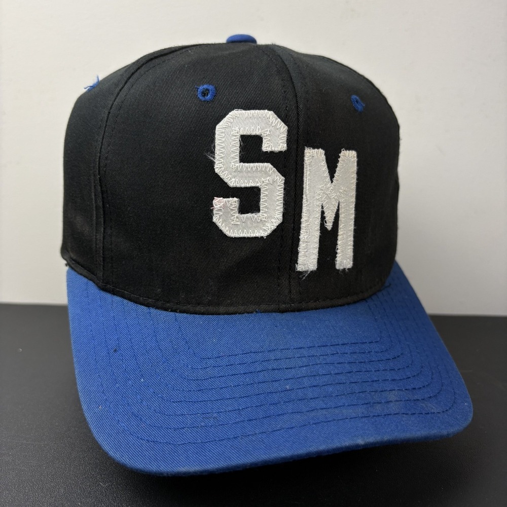 Vintage 90s SM Initial Logo Black Blue Two Tone Snapback Hat Baseball Cap
